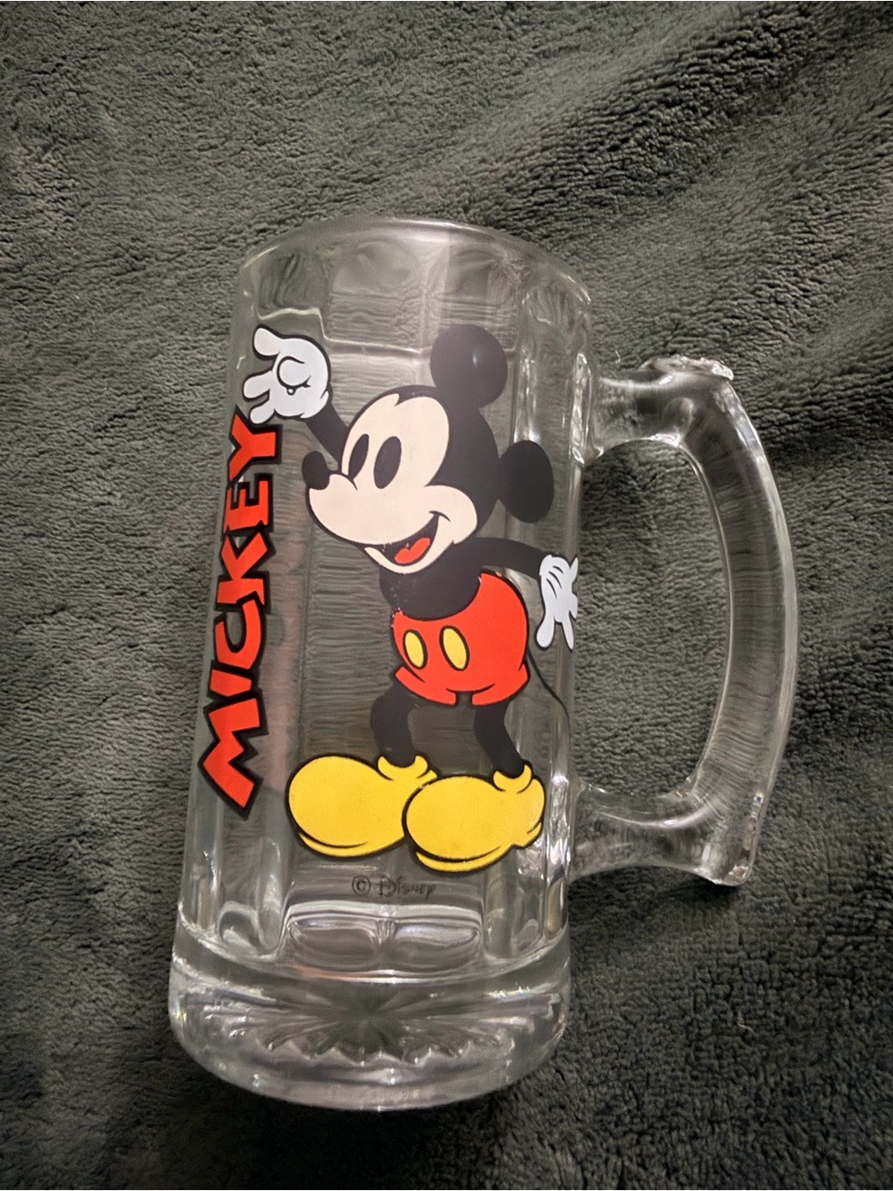 Vintage Disney Mickey Mouse Clear Glass Mug with Red, Yellow and Black Artwork